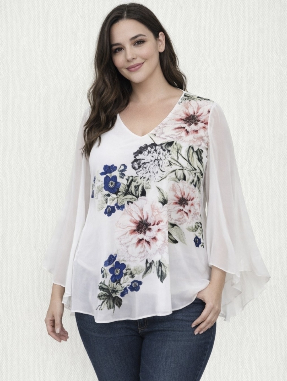 Floral V-Neck Bell Sleeve Women's Top - White with Pink & Blue Flowers Vintage